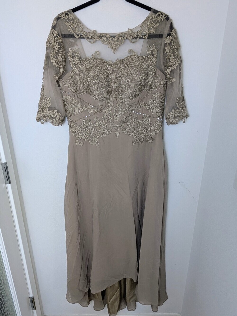 Formal Evening Maxi Dress Mauve Khaki Embroidered Beaded Lace Sz M/L Wedding